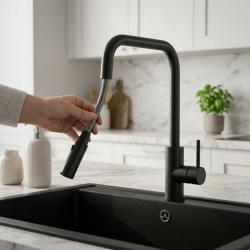 Pure.Sink Luxion Grifo de cocina negro mate cuadrado con caño extraíble PLXSQUA-10